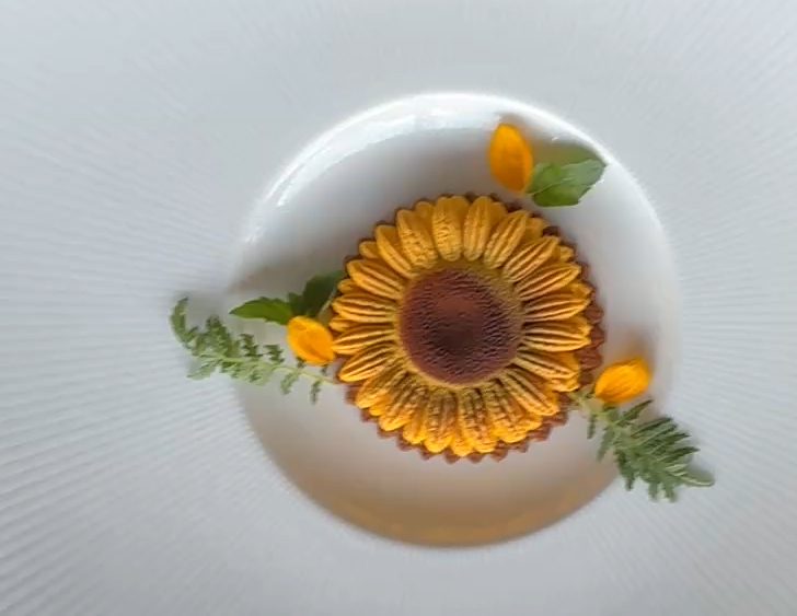 Il Girasoli: Sunflower mousse, sunflower seed praline, honey crust, sunflower-milk espuma. olallieberry sorbet